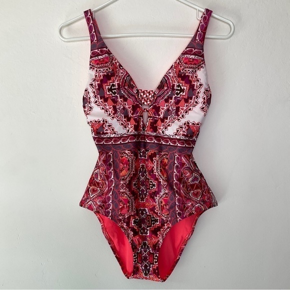 Becca Braided One Piece Swimsuit Exposed Back Multi Print Size S/P - Picture 2 of 13